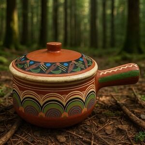 Mexican Redware Bean Pot W/Handle Casserole Tlaquepaque Hand Painted Vintage 60s
